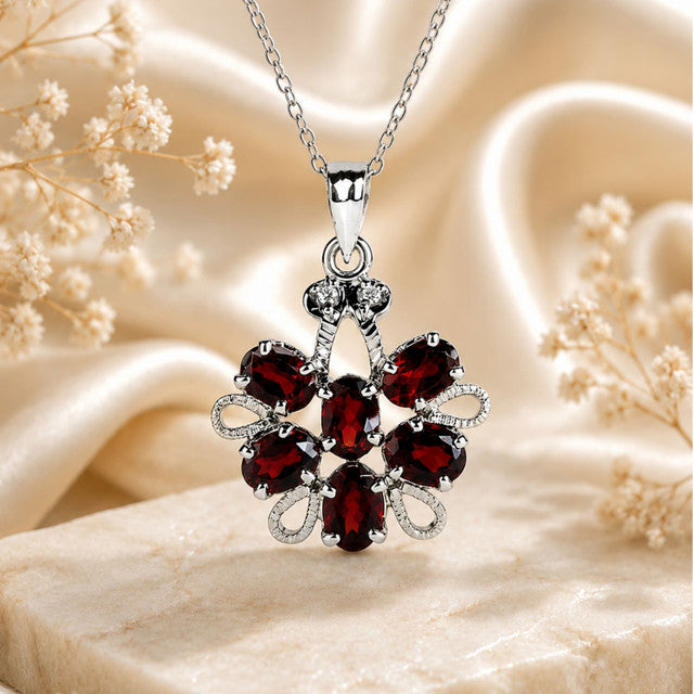 925 Sterling Silver Garnet Gemstone Flower Pendant For Women