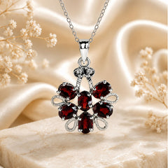 925 Sterling Silver Garnet Gemstone Flower Pendant For Women