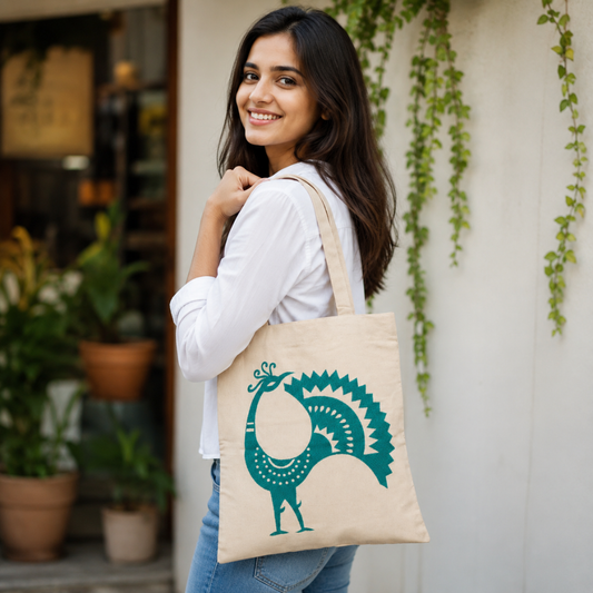 Handmade White Flex Cotton Tote Bag with Peacock Embroidery Shoulder Bag | Blue