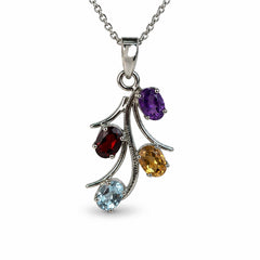 925 Silver Multistone Gemstone Oval Pendant Curved Floral Cluster Design