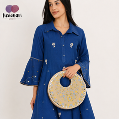 Beige Suede Floral Embroidered Round Handbag, Hand Purse, Clutches with Patra Mirror Work for Women & Girls