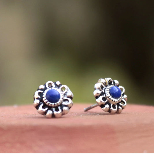 925 Silver Eartops with tiny round Lapiz in Oxidised Finish with Push Closure