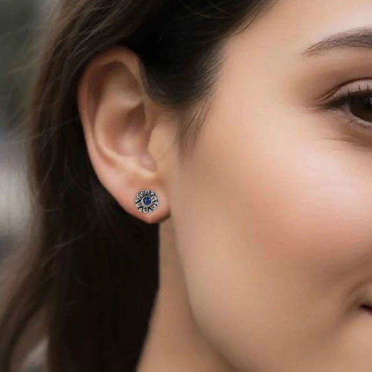 925 Silver Eartops with tiny round Lapiz in Oxidised Finish with Push Closure
