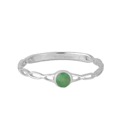 925 silver Ring with faceted round tiny Emerald set in bezel in an infinity band style in high Polish