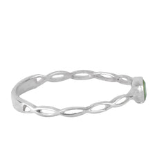 925 silver Ring with faceted round tiny Emerald set in bezel in an infinity band style in high Polish