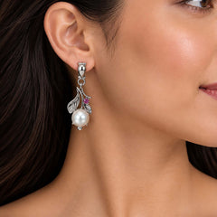 925 Silver Pearl & Ruby Gemstone Earring Handmade Round Cabochon in Prong Setting with Floral Leaf Design and Drop Earwire