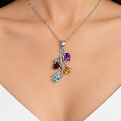 925 Silver Multistone Gemstone Oval Pendant Curved Floral Cluster Design
