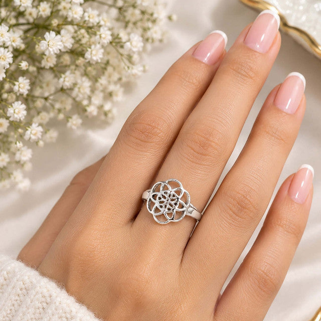 925 Silver Ring Geometric Openwork Lattice Pattern Decorative Band