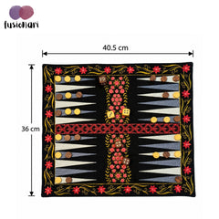 Board Game "BACKGAMMON" Embroidered Cotton Fabric Mat with Wooden Playing Coins and Dice, Traditional Tabletop Game