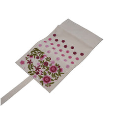 Handmade Jewelry Roll Bag, White Soft Suede Fabric with Pink Thread Embroidery