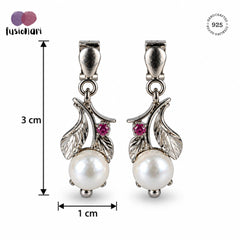 925 Silver Pearl & Ruby Gemstone Earring Handmade Round Cabochon in Prong Setting with Floral Leaf Design and Drop Earwire