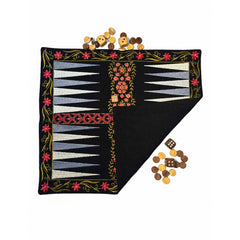 Board Game "BACKGAMMON" Embroidered Cotton Fabric Mat with Wooden Playing Coins and Dice, Traditional Tabletop Game