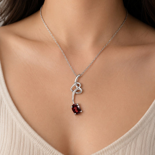 925 Sterling Silver Garnet Stone Scrollwork Pendant for Women