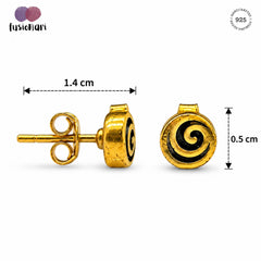FUSIONARI 925 Sterling Silver Gold Plated Spiral Round Oxidised Swirl Stud Earrings