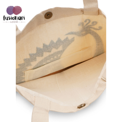 Handmade White Flex Cotton Tote Bag with Peacock Embroidery Shoulder Bag | Blue