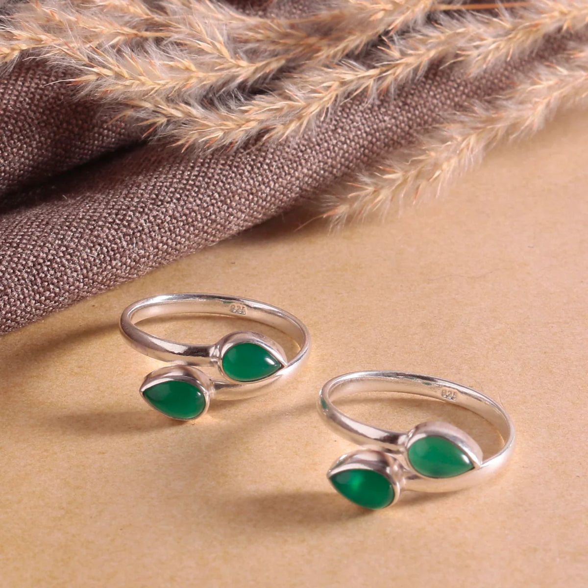 925 Silver Toe Rings with 4 drop shape Green Onyx gemstones set in bezel setting in oxidised finish made in traditional comfortable design.