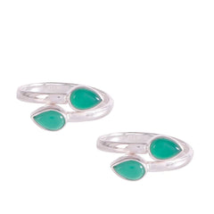 925 Silver Toe Rings with 4 drop shape Green Onyx gemstones set in bezel setting in oxidised finish made in traditional comfortable design.