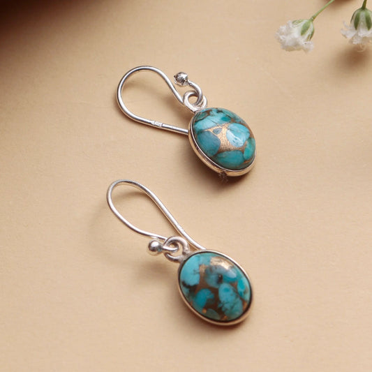 925 Silver Earrings with oval Turquoise stone handmade in bezel setting with ball earwire