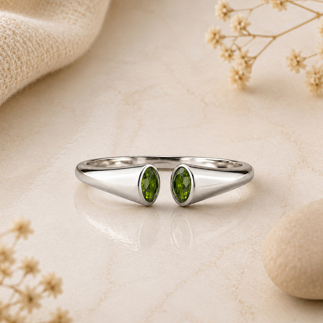 925 Sterling Silver Peridot Gemstone Open Band Ring for Women