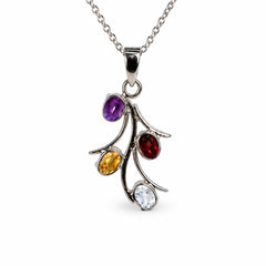 925 Silver Multistone Gemstone Oval Pendant Curved Floral Cluster Design