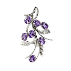 925 Silver Handmade Amethyst Gemstone Brooch Oval Faceted Cut in Prong Setting with Floral Leaf Design and Locking Pin Closure