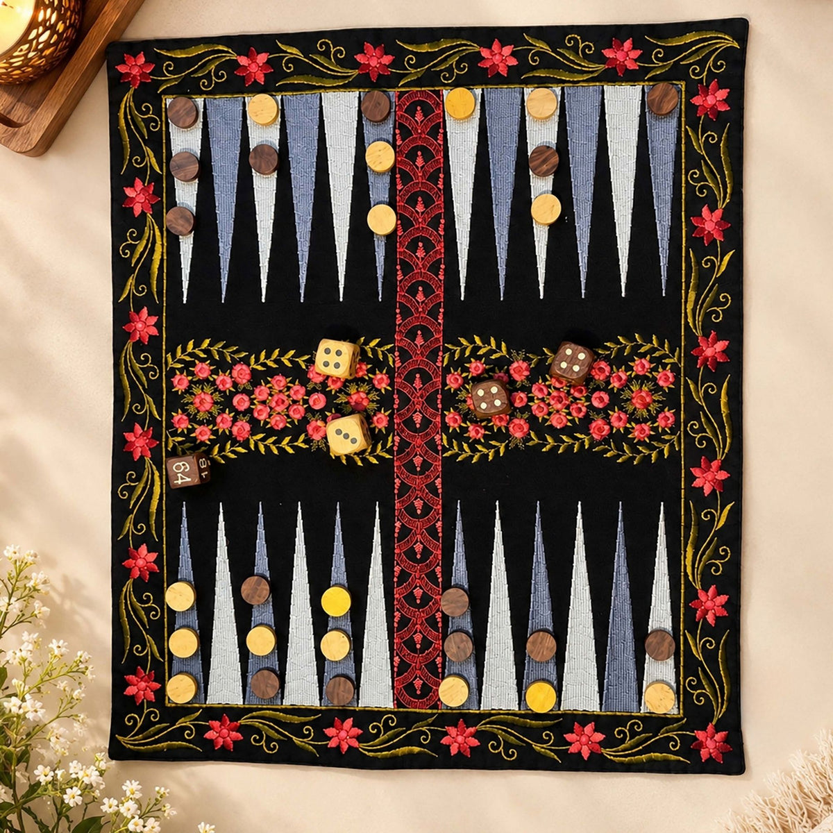 Board Game "BACKGAMMON" Embroidered Cotton Fabric Mat with Wooden Playing Coins and Dice, Traditional Tabletop Game