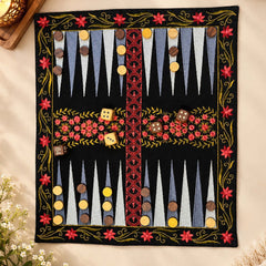 Board Game "BACKGAMMON" Embroidered Cotton Fabric Mat with Wooden Playing Coins and Dice, Traditional Tabletop Game
