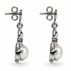 925 Silver Pearl & Ruby Gemstone Earring Handmade Round Cabochon in Prong Setting with Floral Leaf Design and Drop Earwire