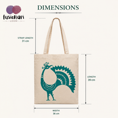 Handmade White Flex Cotton Tote Bag with Peacock Embroidery Shoulder Bag | Blue