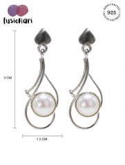 925 Sterling Silver Pearl Drop Earrings with Modern Curved Design