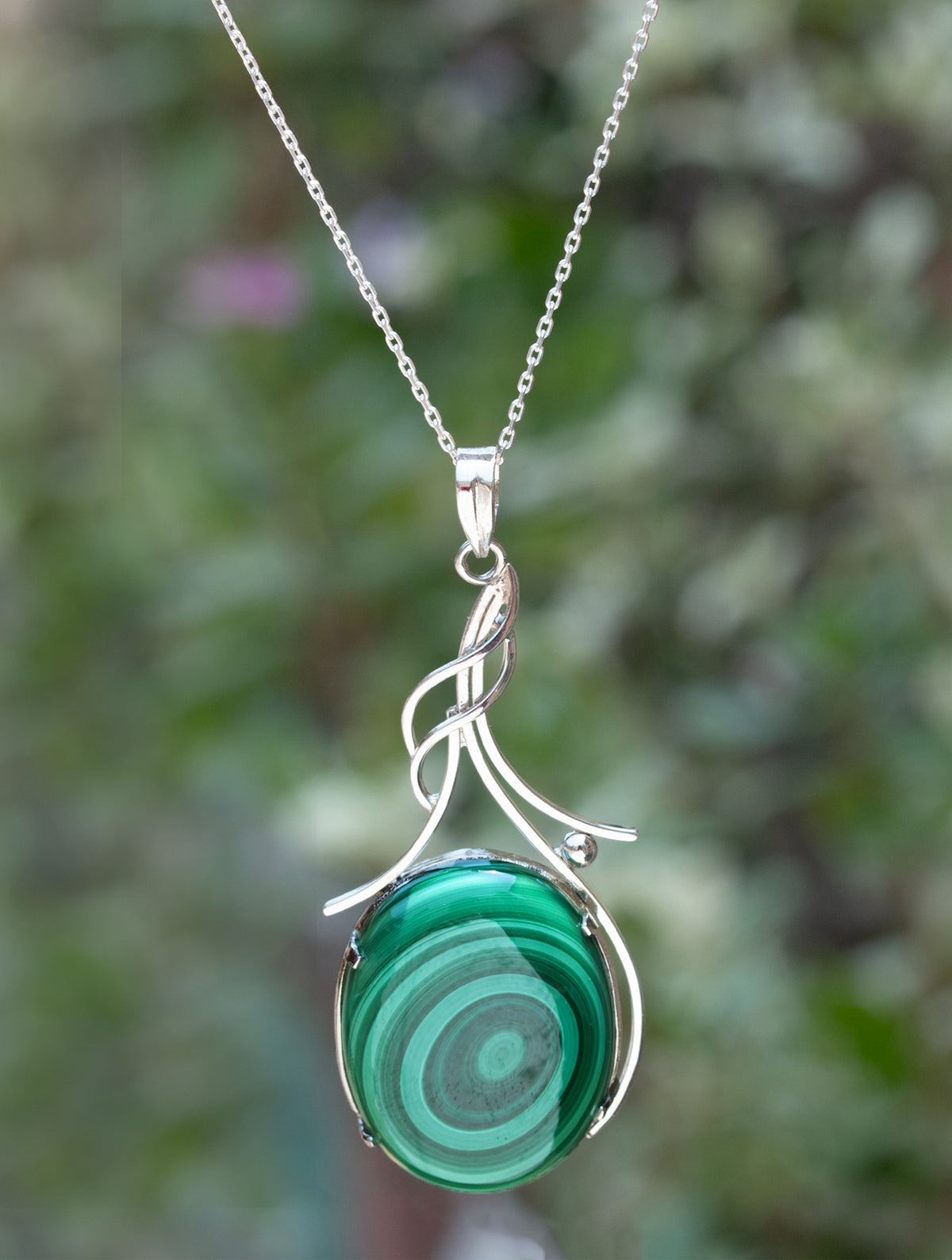 925 Sterling Silver Malachite Pendant With 18 Inch Chain Handmade Gemstone Necklace for Women Elegant Jewelry Gift