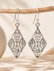 925 Sterling Silver Filigree Diamond Shape Dangle Earrings