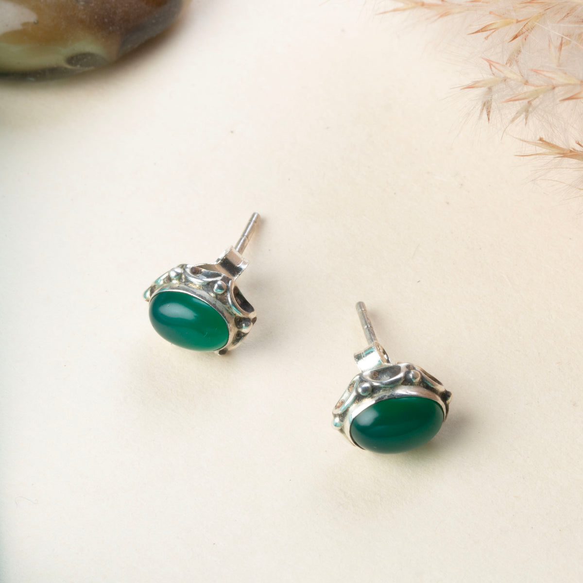 925 Sterling Silver Green Onyx Eartops for Women |  Gemstone Stud Earrings | Minimalist Silver Jewelry Gift