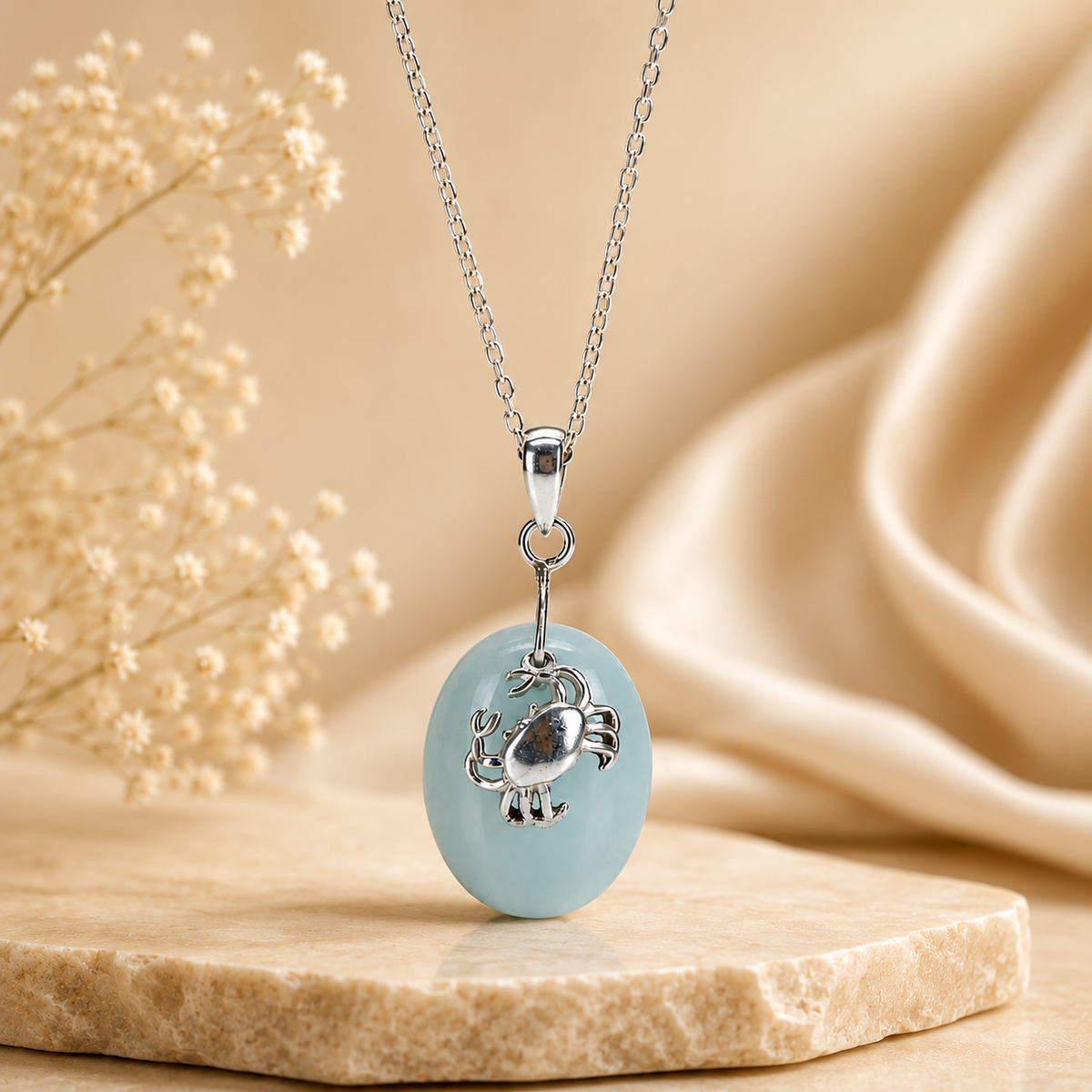 925 Sterling Silver Blue Chalcedony Gemstone Crab Pendant