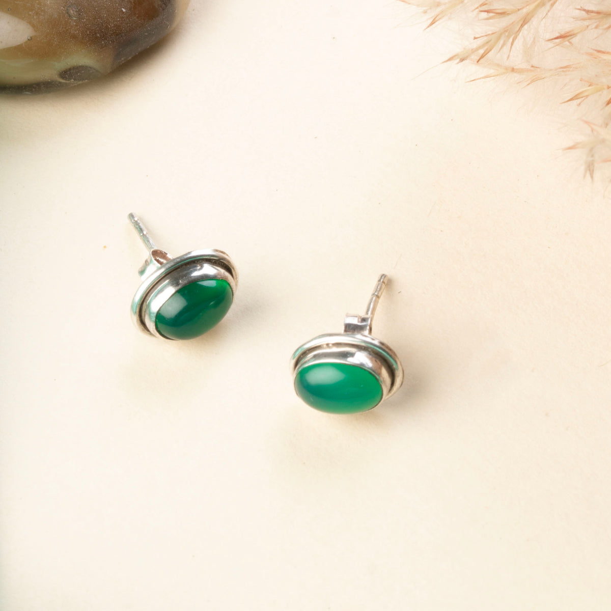 925 Sterling Silver Green Onyx Stud Eartops for Women | Handmade Gemstone Earrings | Elegant Daily Wear Silver Jewelry