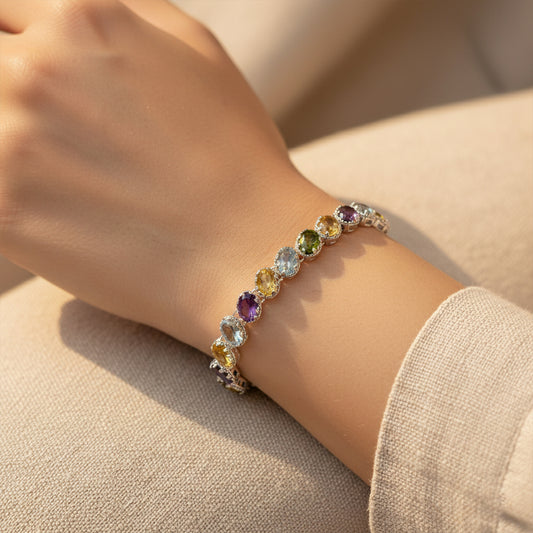 925 Silver Elegant Multistone Bracelet - Handcrafted Design with Vibrant Gemstones and Sterling Silver, Perfect for Stylish Everyday Wear
