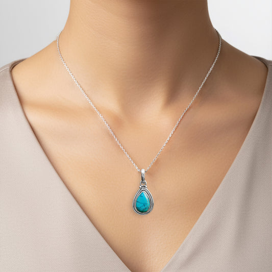 Fusionari 925 Sterling Silver Turquoise Pendant Necklace for Women with 18" Chain | Handmade Blue Gemstone Jewelry | Size 2.5x1.4 cm