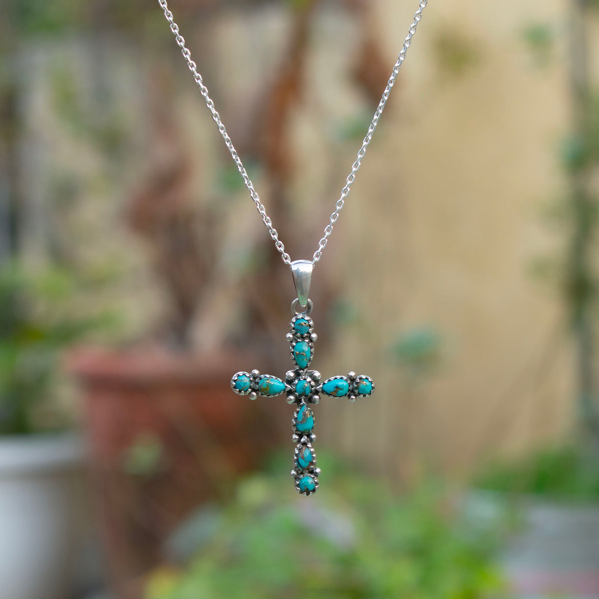925 Sterling Silver Turquoise Pendant with 18" Chain for Women | Rhodium Finish Gemstone Handmade Jewelry