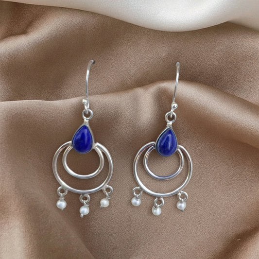 Fusionari 925 Sterling Silver Lapis Earrings for Women | Handcrafted Blue Gemstone Jewelry | Classic and Stylish Design | Size 4.1x1.7 cm