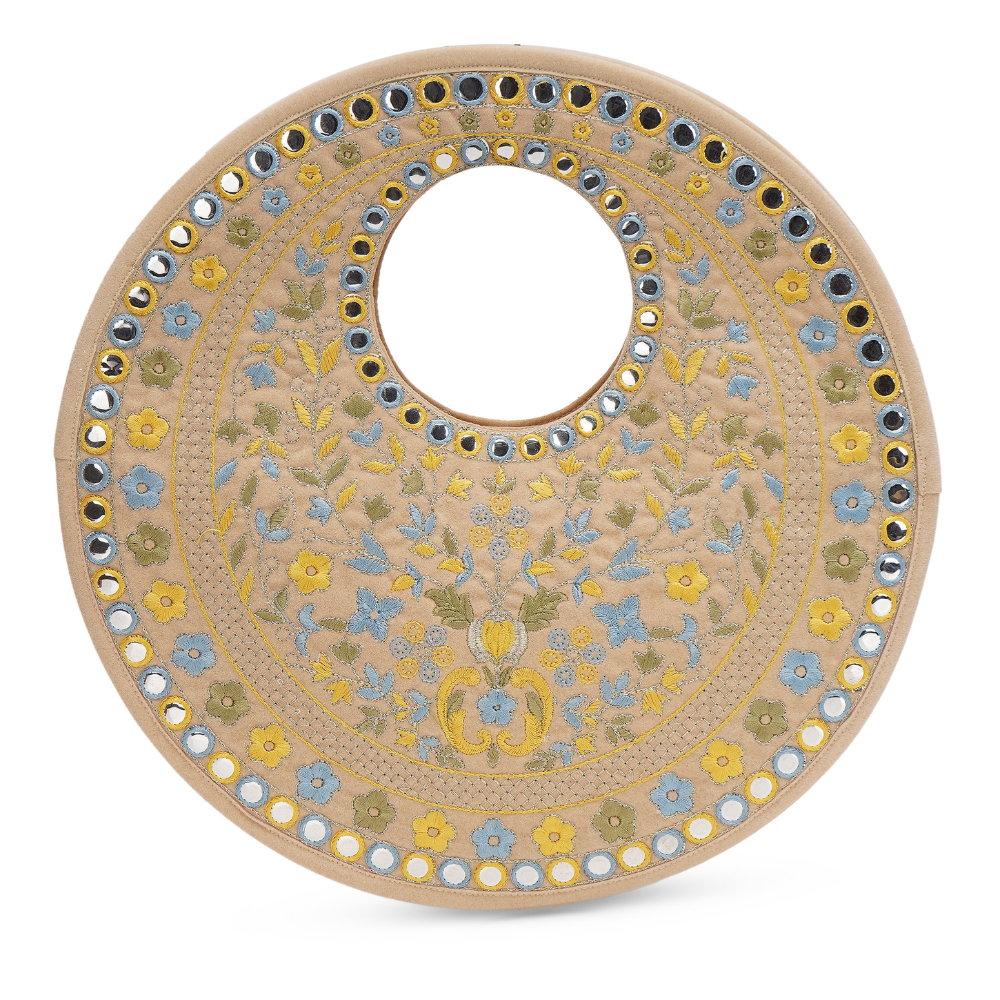 Beige Suede Floral Embroidered Round Handbag, Hand Purse, Clutches with Patra Mirror Work for Women & Girls