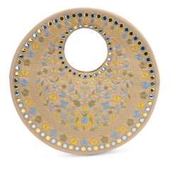 Beige Suede Floral Embroidered Round Handbag, Hand Purse, Clutches with Patra Mirror Work for Women & Girls