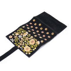 Handmade Jewelry Roll Bag, Black Soft Suede Fabric with Gold Thread Embroidery