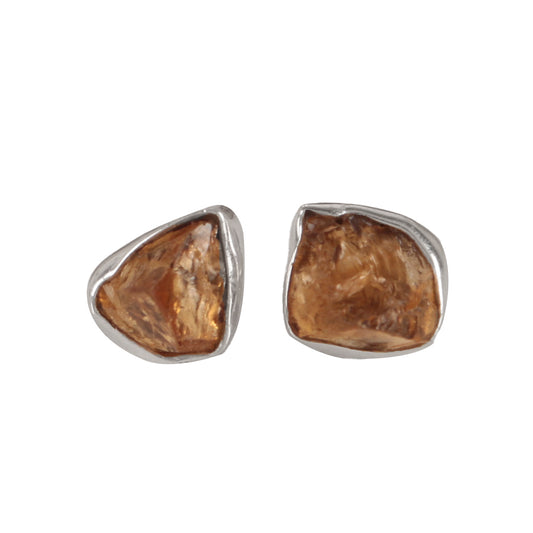 925 Sterling Silver Citrine Stud Earrings for Women | Handcrafted uncut citrine Gemstone Push Back Eartops | Daily & Festive Wear