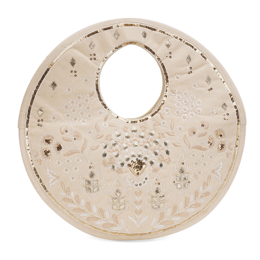 Traditional Beige Suede Round Handbag with Floral Embroidery, Gota Patti & Sequin Work