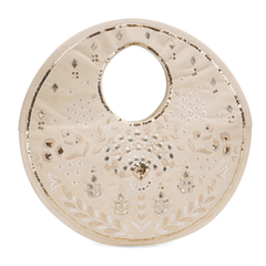 Traditional Beige Suede Round Handbag with Floral Embroidery, Gota Patti & Sequin Work