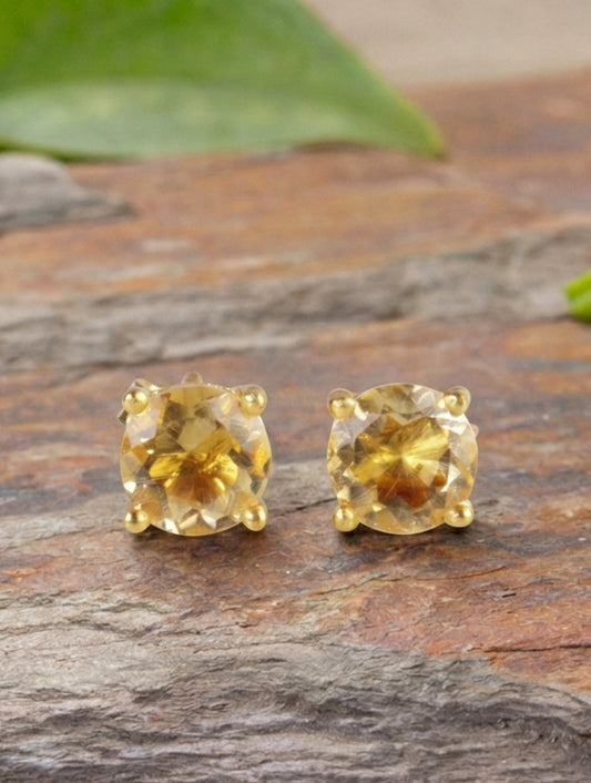 925 Sterling Silver Gold Plated  Citrine Stud Earrings for Women | Gemstone Stud Eartop | Handmade Silver Jewelry | Elegant Daily Wear Gift