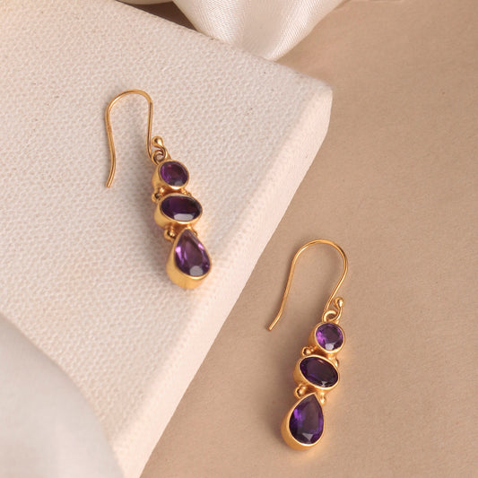 925 Sterling Silver Gold Plated Amethyst Earrings for Women | Natural Gemstone Jewelry | Handcrafted Elegant Gift