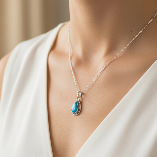 Fusionari 925 Sterling Silver Turquoise Pendant Necklace for Women with 18" Chain | Handmade Blue Gemstone Jewelry | Size 2.5x1.4 cm