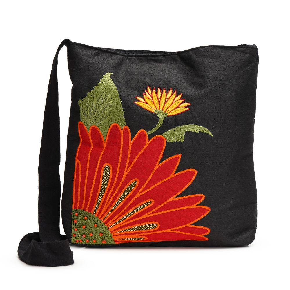 Handmade Floral Crossbody Black Bag made from Dupion & cotton Duck Fabric with Embroidery For Women & Girls
