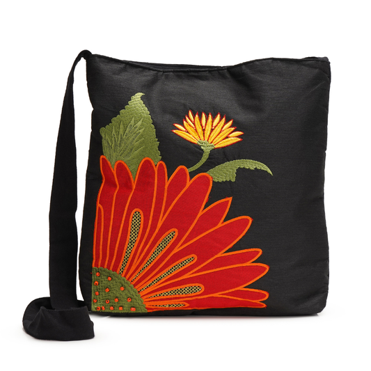 Handmade Floral Crossbody Black Bag made from Dupion & cotton Duck Fabric with Embroidery For Women & Girls